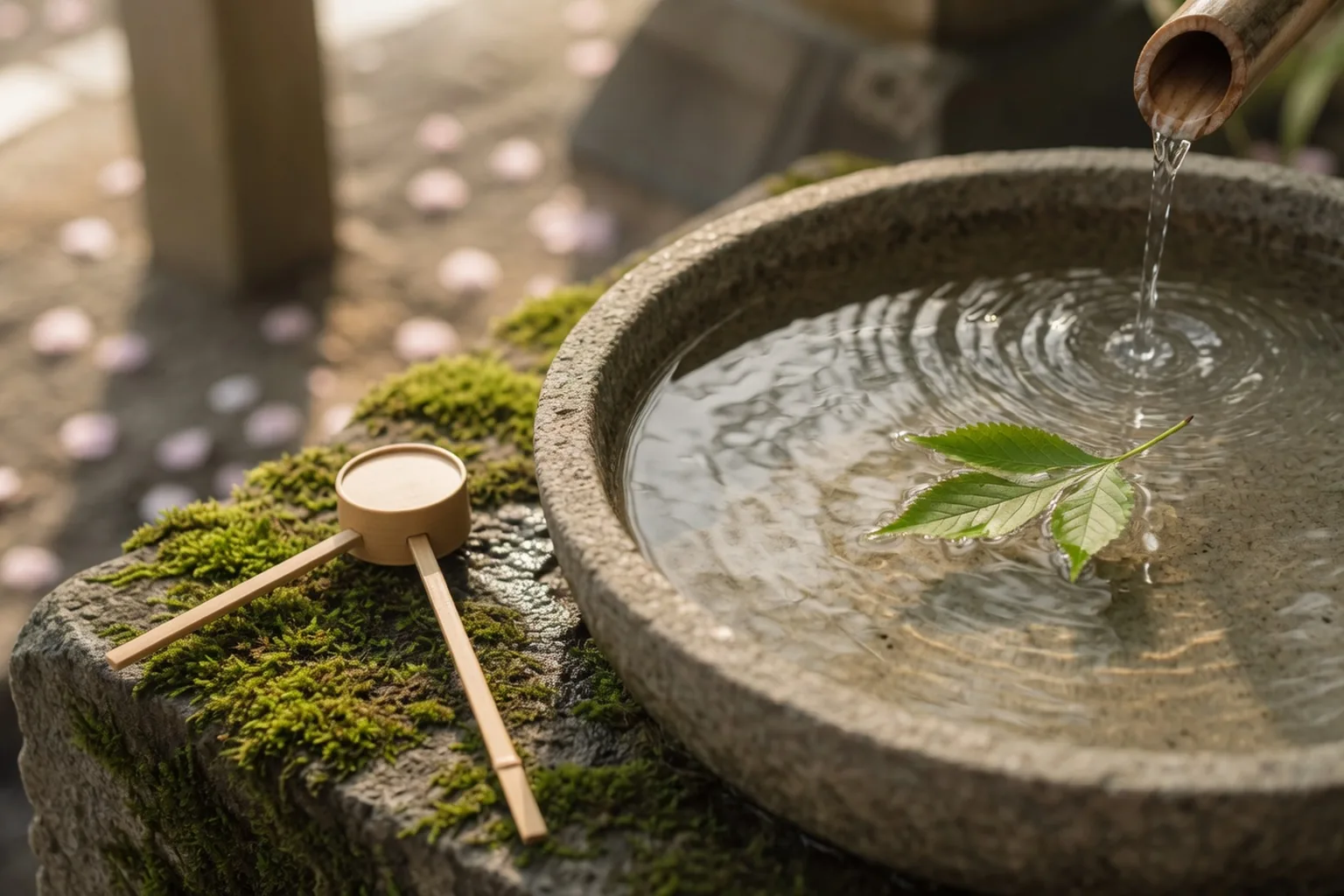 青葉が浮かぶ手水鉢と、そばに置いた木の柄杓