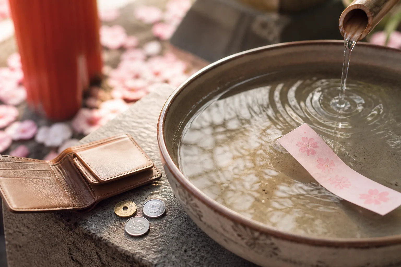 水の鉢に浮かぶみくじと、隣に並ぶ財布と硬貨