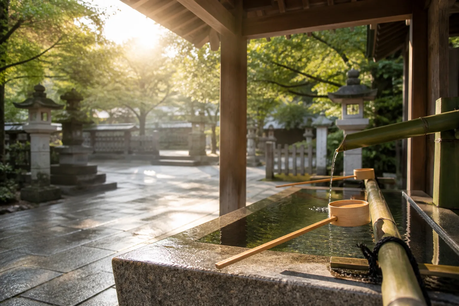 朝の柔らかな光が差す神社の手水舎